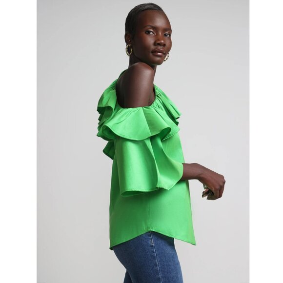 NWT New York & Company Cold Shoulder Halter Neck Ruffle Taffeta Blouse: Size Med - Picture 2 of 11